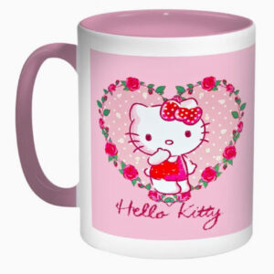 ماگ قهوه با طرح Hello Kitty، رنگ‌های صورتی، سفید و قرمز