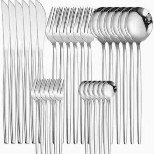 ست کامل ۳۰ پارچه قاشق، چنگال و چاقوی استیل نقره‌ای