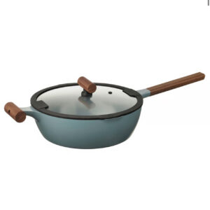 تابه سوتی با درب، پوشش نچسب، شیشه‌ای/دسته چوبی، رنگ خاکستری-فیروزه‌ای