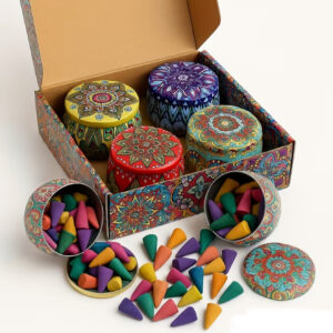 ست جعبه هدیه لوکس شامل ۴۰۰ عدد مخروط‌های عود [به‌همراه جای عود] با رایحه رز، اسطوخودوس، یاس و عود آگاروود. بسته‌بندی شیک در قوطی با طرح مرمر