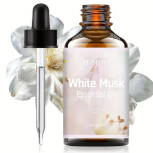 روغن اسانسی مشک سفید – بطری شیک با درب مشکی، حجم 30 میلی‌لیتر با رایحه طبیعی. برای استفاده در دستگاه بخور، دیفیوزرها