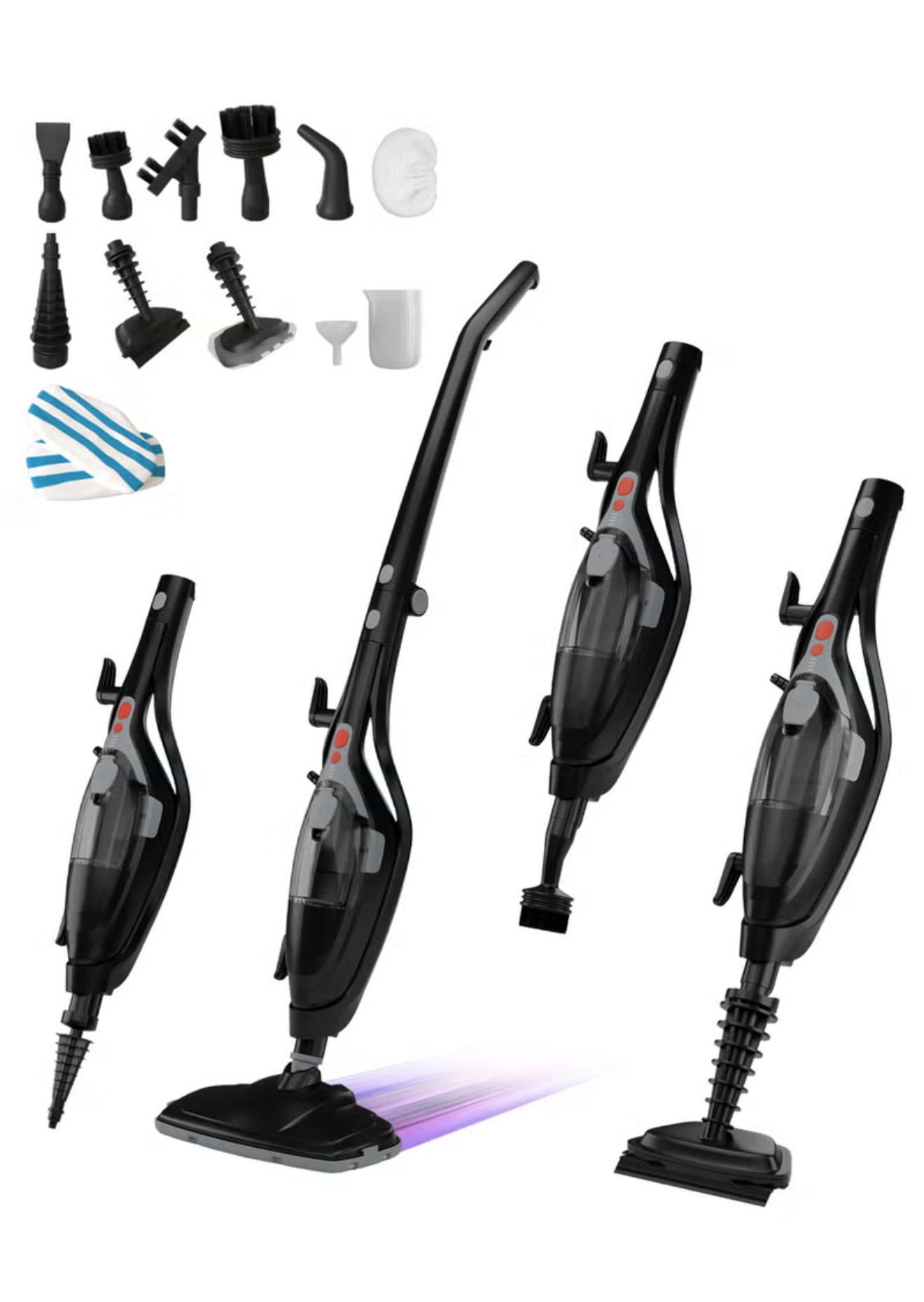 بخارشو ۱۰ در ۱ با ۱۲ لوازم جانبی، رنگ مشکی قدرت: ۷۰۰ وات کف با بخار فوقگرم پد میکروفایبر برای پاککنندگی موثر بدون مواد شیمیایی: ایمن برای همه انواع کفهای سیل شده و دوستدار محیط زیست