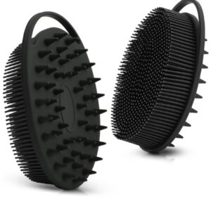 برس بدن و سر ۲ در ۱، سیلیکونی، رنگ مشکی  لایه‌برداری و پاک‌سازی پوست برس سر و ماساژ پوست سر: کمک به تحریک جریان خون و کاهش خستگی