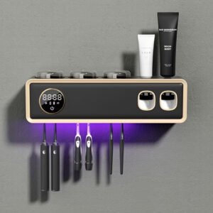 نگهدارنده هوشمند مسواک با خشک‌کن و ضدعفونی‌کننده، نصب دیواری بدون نیاز به سوراخ‌کاری، دارای جاخمیردندانی، نمایشگر هوشمند، قابلیت ضدعفونی زمان‌بندی‌شده