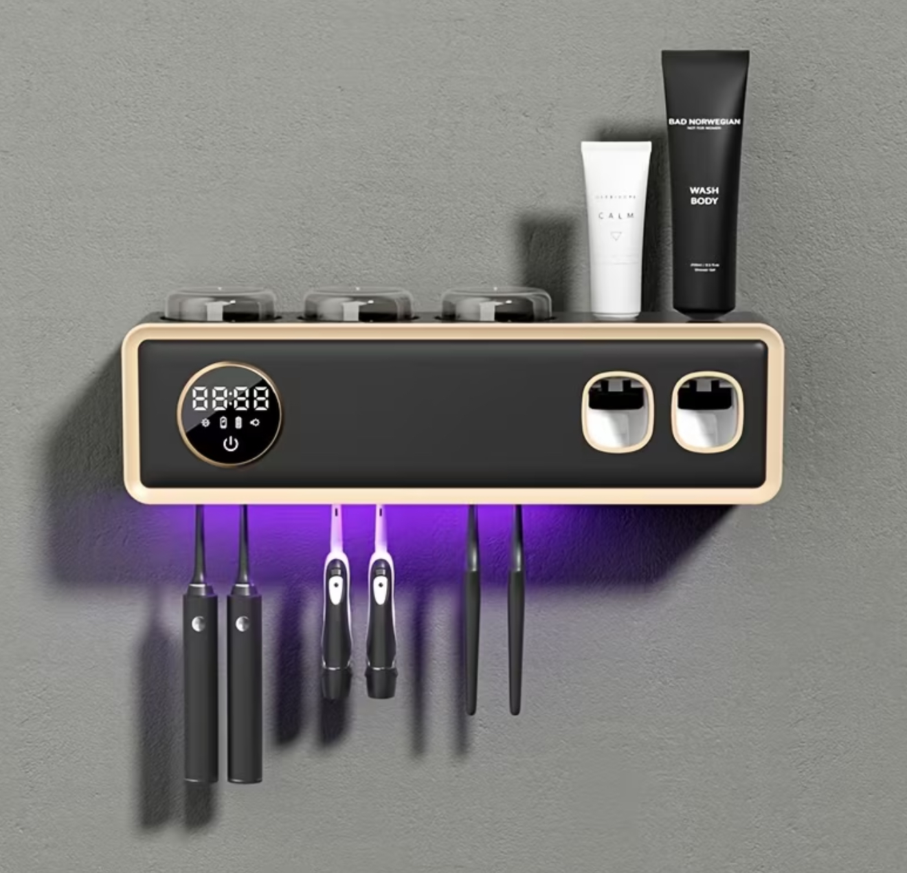 نگهدارنده هوشمند مسواک با خشککن و ضدعفونیکننده، نصب دیواری بدون نیاز به سوراخکاری، دارای جاخمیردندانی، نمایشگر هوشمند، قابلیت ضدعفونی زمانبندیشده