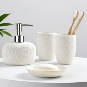 ست ۴ تکه سرامیکی لوکس: شامل جا مسواکی، لیوان شست‌وشو، بطری لوسیون و جا صابونی