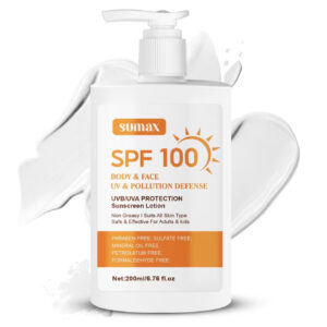 ضدآفتاب با SPF100، حاوی عصاره آلوئه‌ورا و نیاسینامید، مناسب صورت و بدن، با بافت سبک، جذب سریع بدون چسبندگی، محافظت طولانی‌مدت در برابر آفتاب