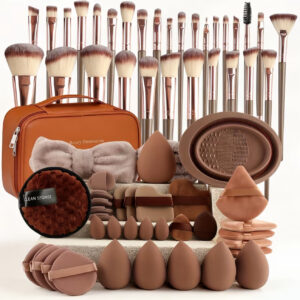 ست حرفه‌ای ‌ آرایشی/۶۸ تکه رنگ قهوه‌ای – شامل کیف آرایش با ظرفیت بالا، اسفنج و مجموعه کامل آرایش
