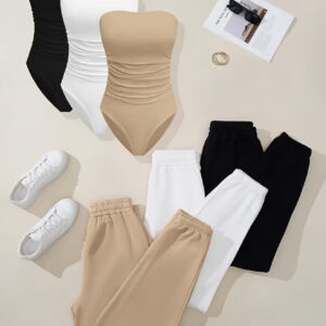 ست ۶ تکه زنانه: بادی/تاپ جذب با طرح ریب (بافت راه‌راه)، به‌همراه شلوار اسلیم‌فیت و دم‌پا کش‌دار در مچ پا، مناسب استایل‌های کژوال