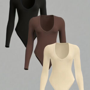 ست ۳‌تکه بادی زنانه جذب با یقه V و آستین بلند،