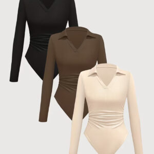 ست۳ تکه بادی آستین بلند با یقه V و یقه‌دار، از جنس پارچه ریب (بافت کشی)، طراحی جذب (فیت)،