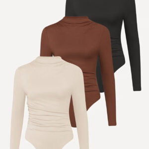 ست ۳ تکه بادی زنانه شیک و فشن با طراحی چیندار یقه نیمهاسکی و یقه ایستاده کوچک، فیت جذب و آستین بلند