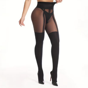 جوراب‌شلواری زنانه مشکی نازک با طراحی ژاکارد راه‌راه تا ساق پا